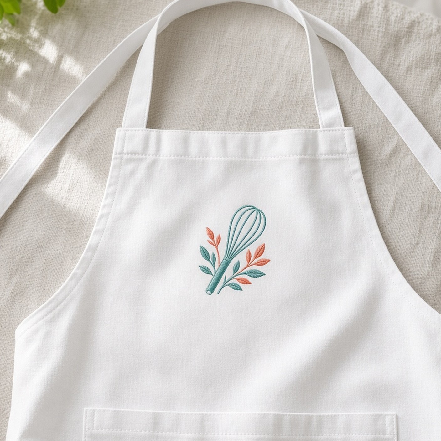 White apron with teal and coral embroidered mark