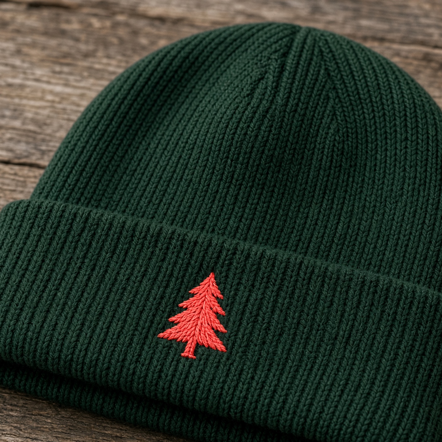 Forest-green beanie with a coral embroidered pine tree