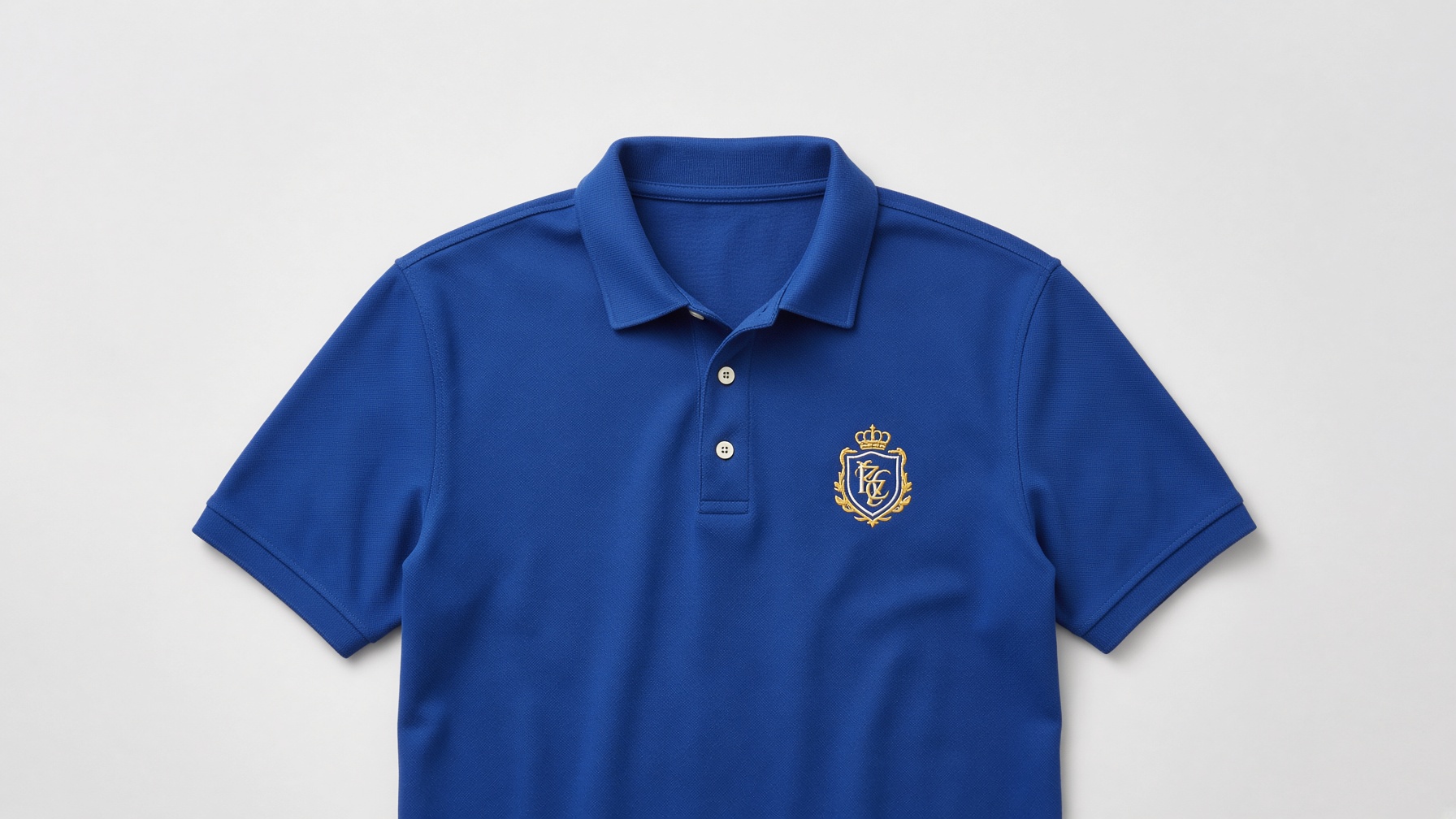 Royal blue polo with a gold and white logo on the right chest