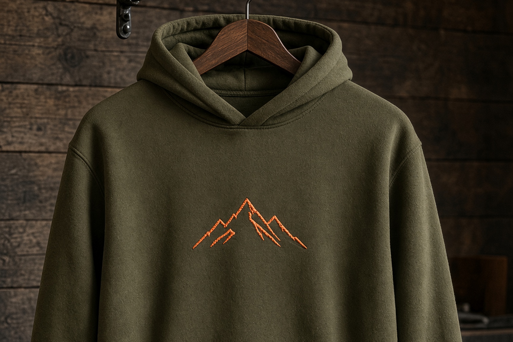 Olive hoodie with rust-orange mountain embroidery