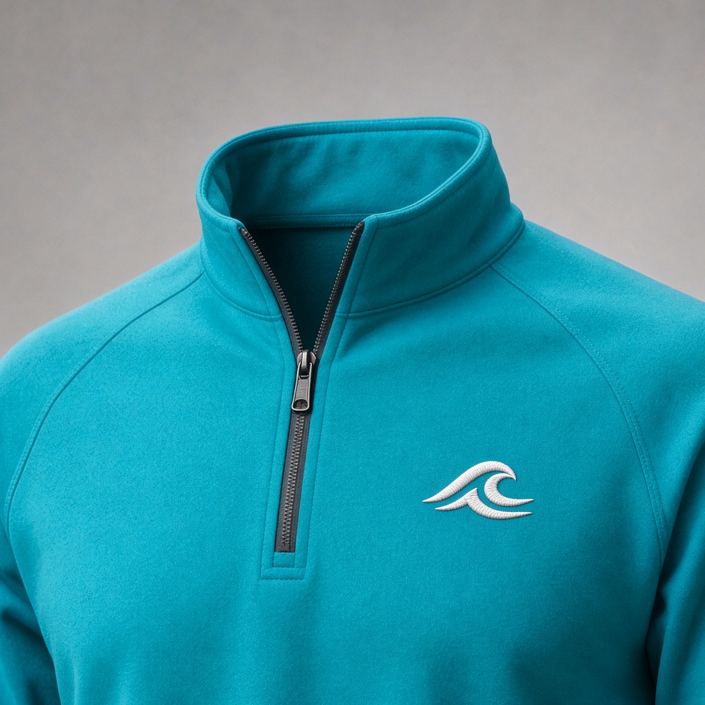 Bright teal quarter-zip with a white embroidered wave mark