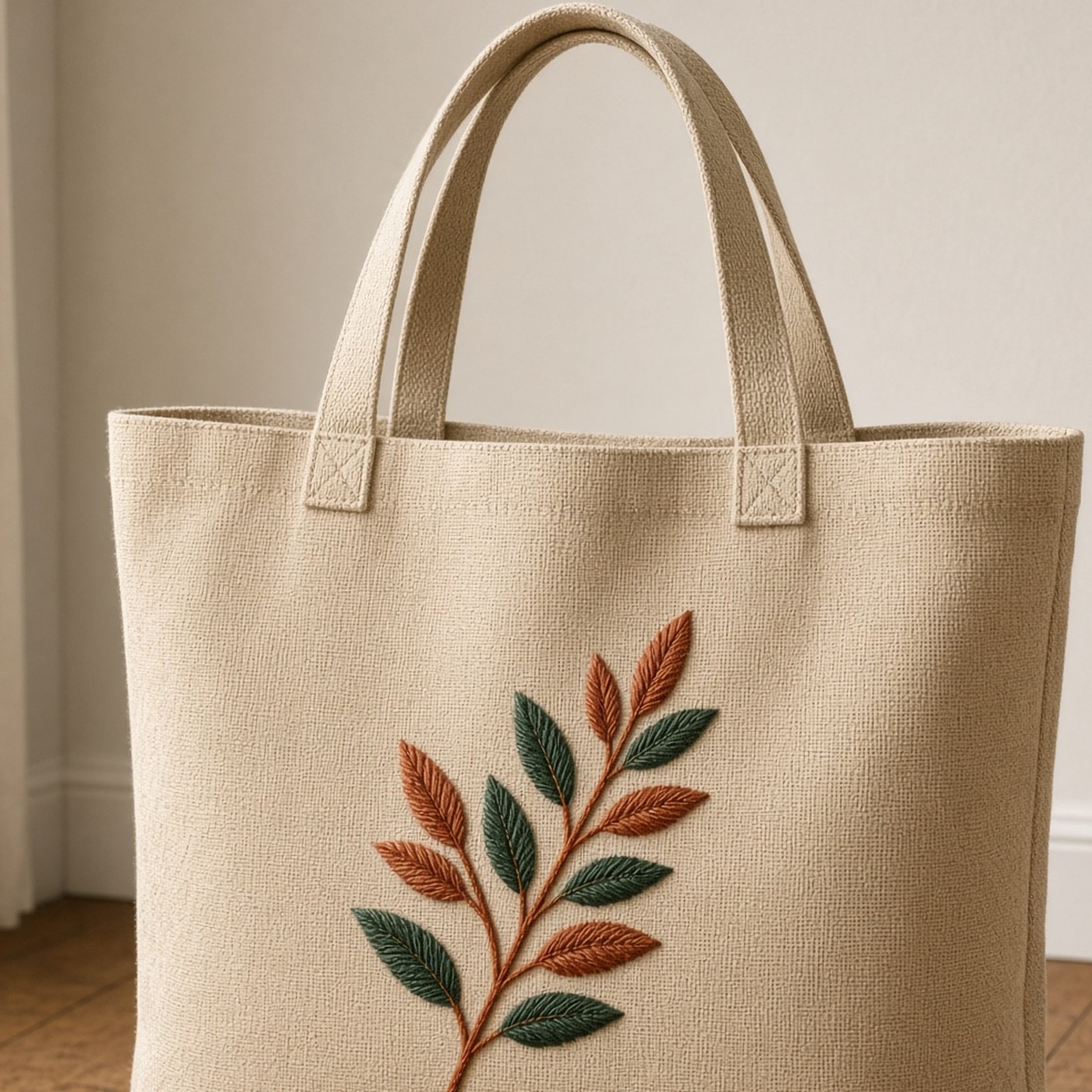 Tan canvas tote with rust and green botanical embroidery