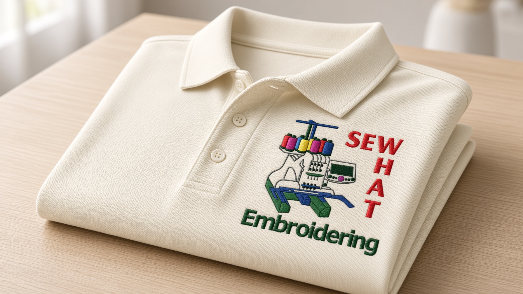 Ivory polo with the Sew What Embroidering machine logo stitched on the chest