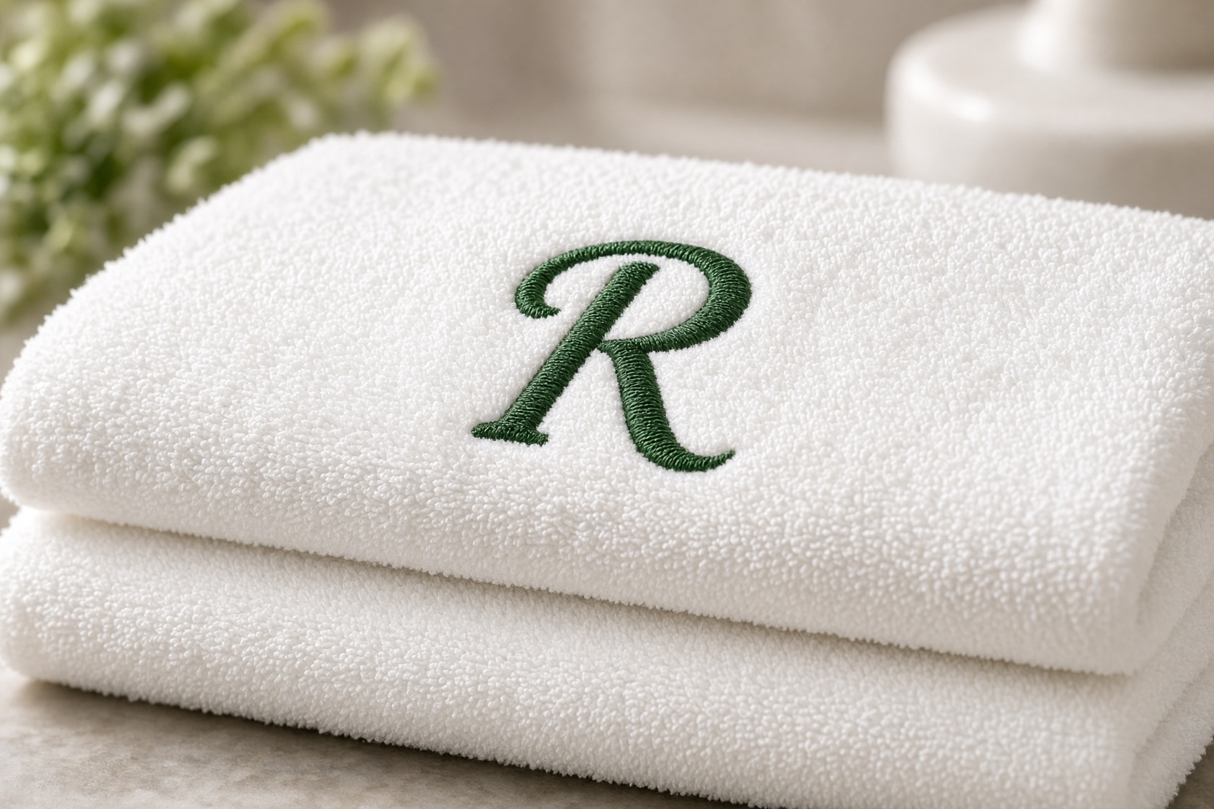 White towels with a green embroidered script R monogram