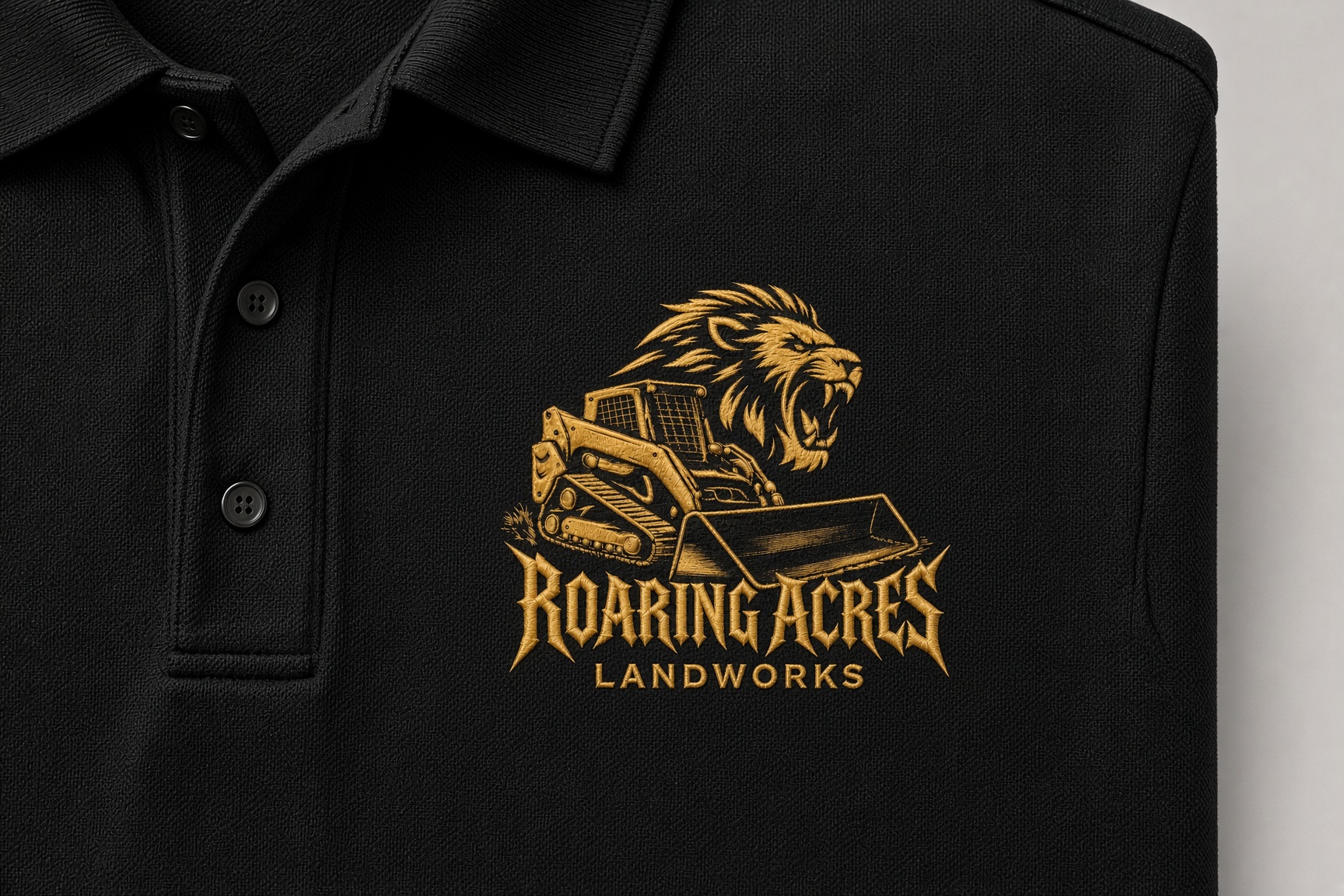 Black polo with gold embroidered Roaring Acres Landworks lion and loader logo